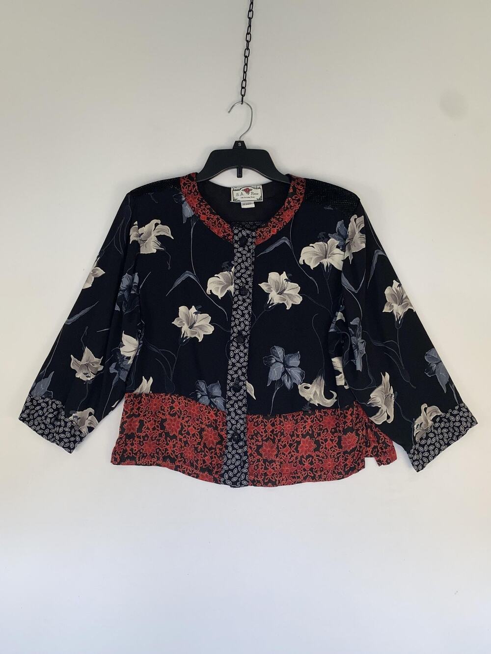S.A. Rose Kimono Blouse Womens Medium Black Floral 3/4 Sleeve Boho Top